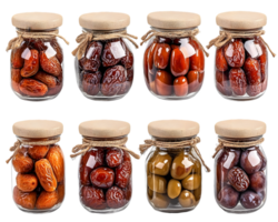 Variety of preserved fruits in glass jars showcasing vibrant colors and rustic burlap lids, highlighting the beauty of homemade delights and healthy snacks png