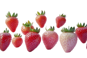 Vibrant assortment of fresh strawberries showcasing shades from deep red to pale pink arranged elegantly to highlight their distinct shapes and textures with refreshing green tops. png