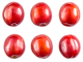 Vibrant close-up display of six fresh red plums showcasing smooth skin and varying shades of red emphasizing natural freshness and ripeness suitable for healthy eating. png