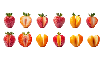 Vibrant display of whole and halved strawberries arranged in a visually appealing pattern showcasing the juicy textures and bright colors of fresh fruit png