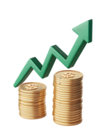 Visual representation of financial growth with stacks of coins and a green upward trend indicating increasing wealth and economic prosperity png