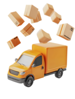 Vibrant orange delivery truck surrounded by falling cardboard boxes representing efficient parcel delivery in a modern urban setting. png