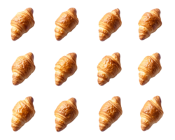Visually appealing arrangement of freshly baked golden brown croissants on a clean surface, showcasing their flaky texture and inviting appearance. png