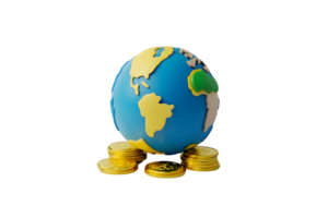 Colorful globe resting on golden coins symbolizing global finance and wealth in a vibrant representation of economic prosperity and interconnectedness png