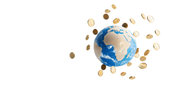 3D illustration of a globe surrounded by swirling golden coins representing wealth and prosperity in a dynamic visual of global finance and economic growth png