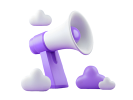 3D rendering of a purple megaphone surrounded by fluffy clouds symbolizing effective communication and announcements in a vibrant and creative design png