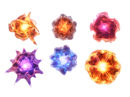 Abstract illustration of six glowing celestial orbs in vibrant colors depicting various shapes and energy patterns in a dark cosmic void png