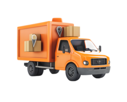 Bright orange delivery truck loaded with cardboard boxes and location markers representing efficient logistics and transportation services png