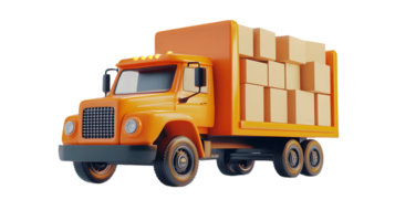 Bright orange delivery truck loaded with cardboard boxes transporting goods in a dynamic urban transportation scene png
