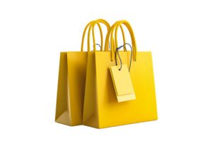 Bright yellow shopping bags with handles and blank tag symbolizing the excitement of retail and consumer purchases png