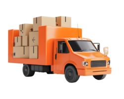 Bright orange delivery truck filled with cardboard boxes parked on a clean surface symbolizing efficient logistics and transportation services png