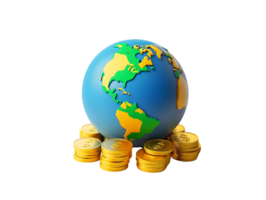 Colorful globe surrounded by shining gold coins representing global economy and wealth distribution png