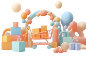 Cheerful shopping cart surrounded by pastel geometric shapes and colorful balloons creating a festive atmosphere for celebrations and creative promotions png