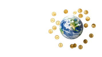 Digital illustration of the Earth surrounded by golden coins representing the intersection of global finance and cryptocurrency in a vibrant financial environment. png