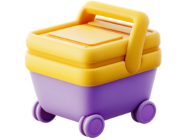 Colorful plastic toy storage box on wheels with secure lid and handle ideal for organizing children's toys in a fun and playful design png