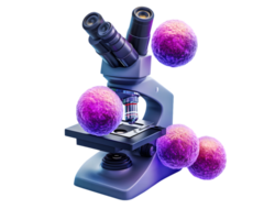 Detailed illustration of a microscope surrounded by colorful cells representing microbiology and the exploration of cellular biology in a laboratory setting png