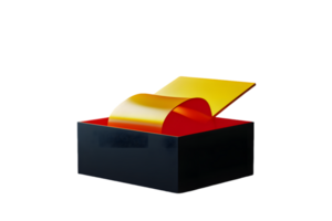 Sleek black box with red interior and vibrant yellow and gold sheets partially opened to reveal an artistic presentation of colors and textures. png
