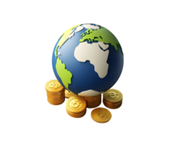 Three-dimensional globe showcasing vibrant continents balanced on a stack of shiny gold coins symbolizing global finance and economic prosperity. png