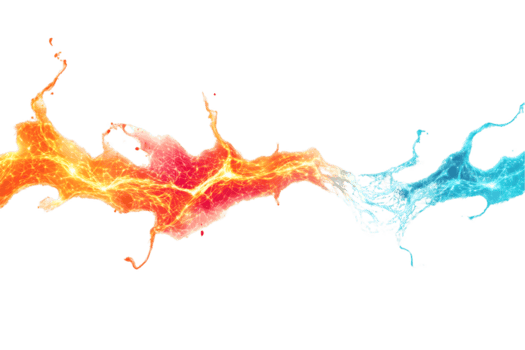 Dynamic abstract composition of vibrant splashes in orange and blue blending and intersecting, creating an energetic visual experience of movement and creativity png