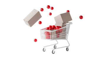 Dynamic shopping cart with colorful red spheres and beige boxes falling in a vibrant scene representing the excitement of modern consumer culture and retail experiences png