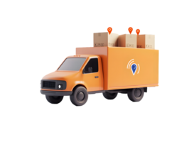 Orange delivery truck loaded with cardboard boxes and location markers symbolizing logistics and transport services for efficient shipping solutions png