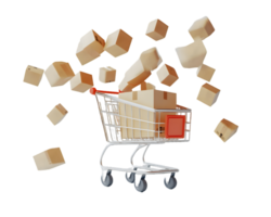 Dynamic shopping cart with floating cardboard boxes symbolizing the excitement of online shopping and quick delivery in a modern consumer world. png
