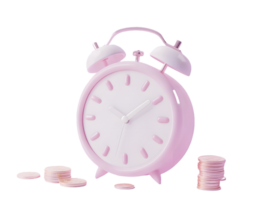 Pastel pink alarm clock next to a stack of light pink coins emphasizing themes of time management and financial savings in a minimalist setting png