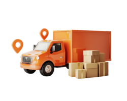 Orange delivery truck with cardboard boxes and location markers representing efficient logistics and transportation in a vibrant setting png