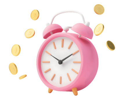 giocoso rosa allarme orologio con oro monete galleggiante in giro esso la creazione di un' capriccioso atmosfera simboleggiante il miscela di tempo e ricchezza png