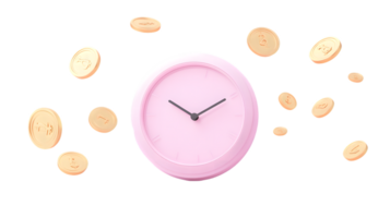 Playful pink clock surrounded by floating gold coins symbolizing the balance of time and financial aspirations in a whimsical design png