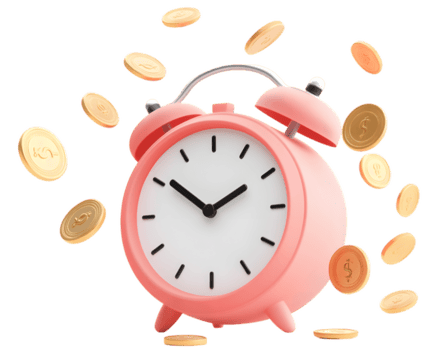 rosa allarme orologio con galleggiante oro monete che rappresentano il connessione fra tempo e finanziario prosperità nel un' vivace concettuale design png