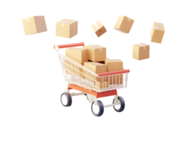 Shopping cart overflowing with cardboard boxes and additional boxes floating in a vibrant and whimsical display of abundance and excitement in contemporary retail png