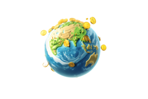 Stylized Earth surrounded by floating golden coins symbolizing wealth and prosperity in a dynamic and imaginative representation of abundance and global economy. png