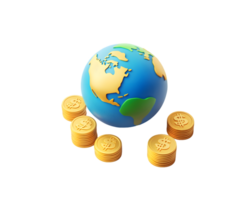 Stylized globe of Earth surrounded by gold coins illustrating themes of finance, global economics and wealth prosperity in a vibrant and colorful design. png