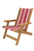 Stylish wooden deck chair with vibrant red and white patterned fabric for outdoor relaxation in a backyard or beach setting png
