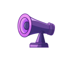 Vibrant purple megaphone standing upright ready for sound amplification and communication in a playful and dynamic setting png