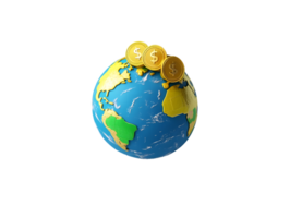 Vibrant globe representing global finance topped with shiny gold coins symbolizing wealth and economic growth. png