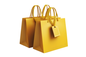 Two vibrant yellow shopping bags with handles and a blank price tag against a simple black background symbolizing retail therapy and contemporary consumer culture png