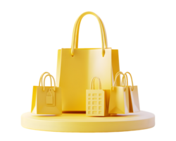 Vibrant collection of yellow shopping bags arranged artistically on a circular display showcasing a cheerful and playful shopping atmosphere png