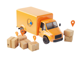 Vibrant orange delivery truck with cardboard boxes and location markers representing logistics and efficient transportation solutions in a dynamic urban scene png