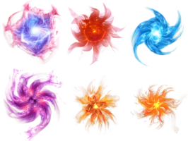 Vibrant collection of colorful energy swirls with dynamic shapes and glowing accents creating an ethereal and lively abstract illustration png