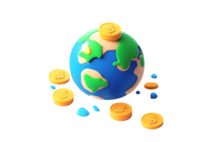 Vibrant stylized globe surrounded by scattered golden coins representing global finance and economic growth with colorful continents and oceans png