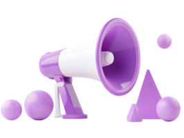 Vibrant purple megaphone surrounded by playful geometric shapes creating a modern and colorful visual composition png