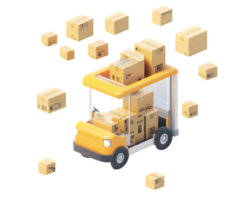 Whimsical yellow delivery truck surrounded by playful floating packages in a vibrant illustrated scene conveying the excitement of logistics and shipping png