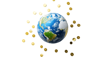 Visually striking representation of Earth surrounded by golden hexagons symbolizing digital currency and global finance png