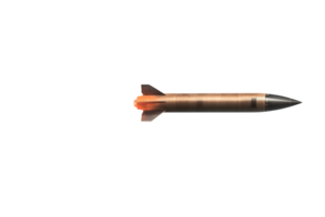 Detailed view of missile in mid-flight showcasing propulsion system and aerodynamic design against a contrasting backdrop of vibrant flames. png