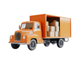 Vintage orange delivery truck loaded with cardboard boxes symbolizing transportation and logistics on a plain backdrop png