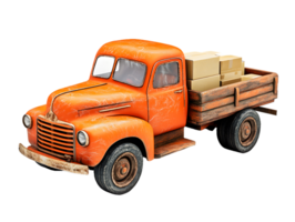 Vintage orange pickup truck carrying cardboard boxes with a rustic charm and weathered design evoking nostalgia for simpler times png