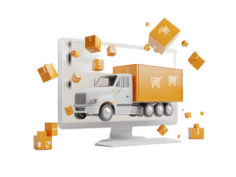 digitale rappresentazione di un' consegna camion emergente a partire dal un' computer tenere sotto controllo circondato di galleggiante scatole simboleggiante moderno la logistica e e-commerce soluzioni png