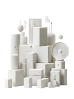 A stunning minimalist arrangement of various geometric shapes including cylinders and spheres in white tones presenting an elegant and modern artistic composition png